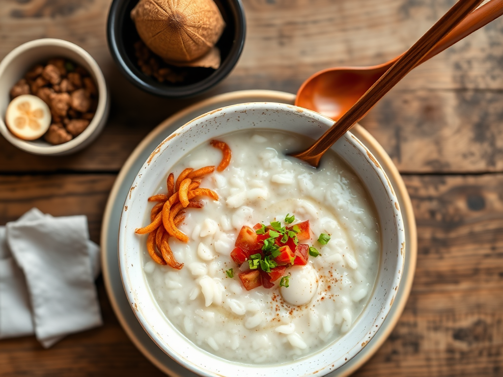 Рисовая каша конджи с фруктовой подачей с куриным филе