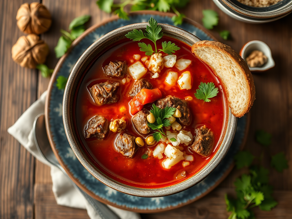 Харчо с сырной подачей с куриным бедром