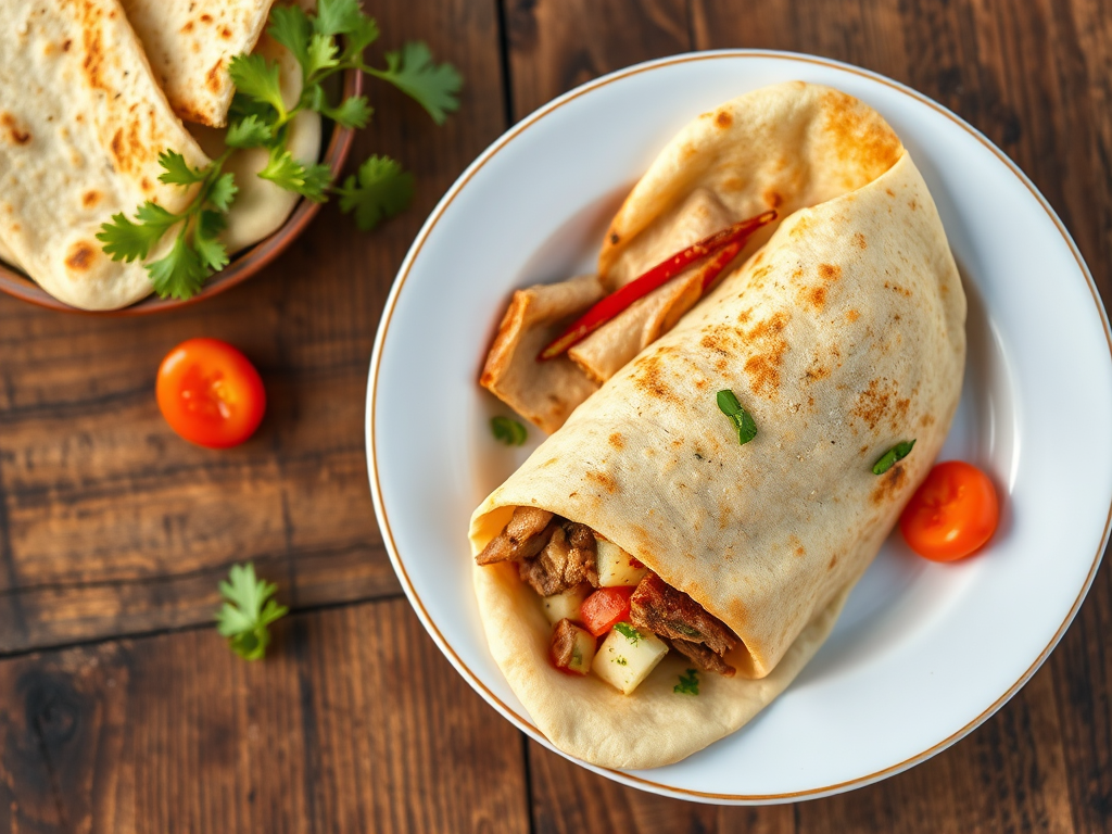 Лаваш с зеленью с сырной подачей и куриным филе