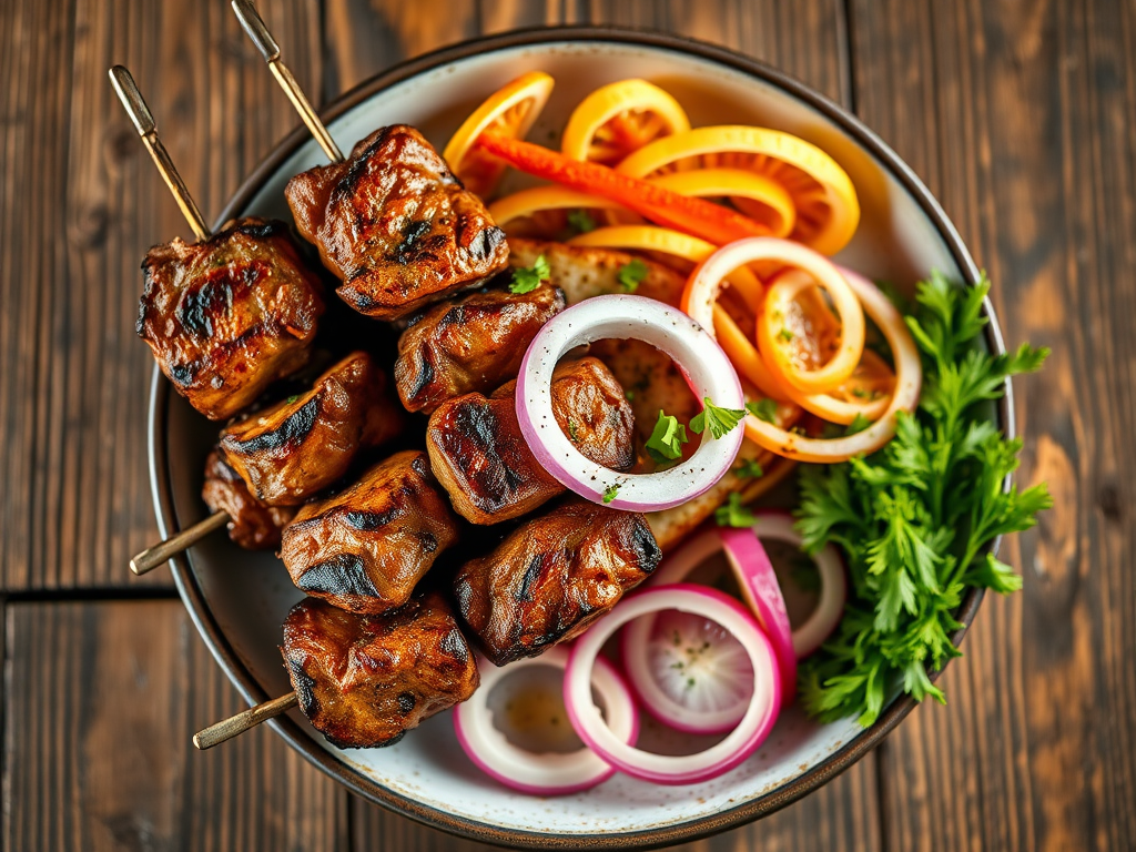 Шашлык на сковороде с зеленью с куриным бедром