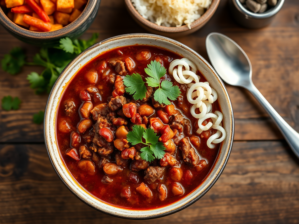 Чили кон карне без фасоли с рисовой базой с овощами