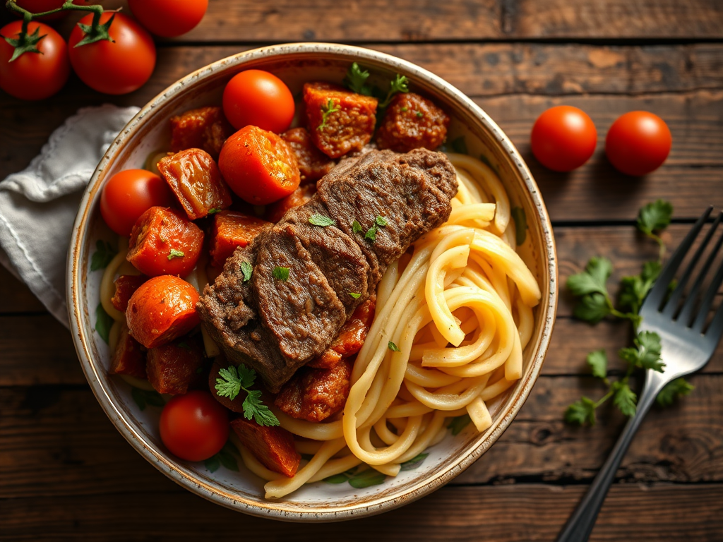 Говядина с гречкой с консервированными томатами