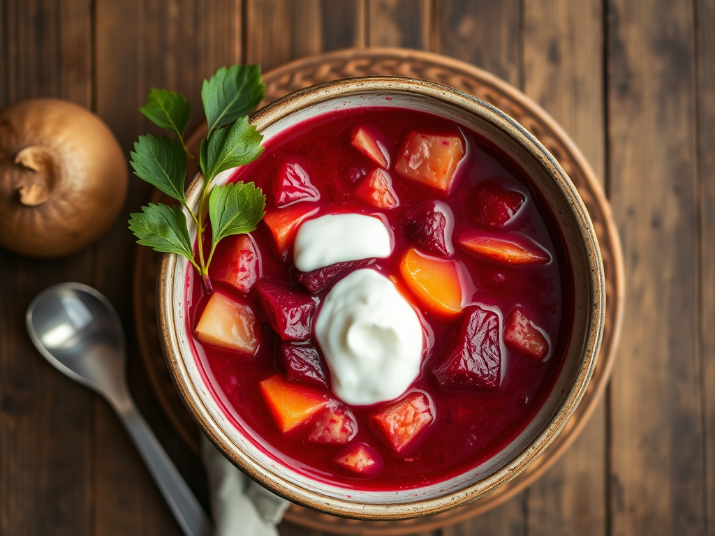 Свекольный суп с укропом и сметаной