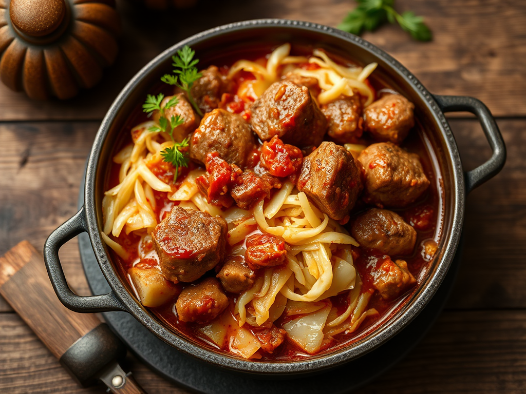 Капуста с мясом с хрустящей крошкой