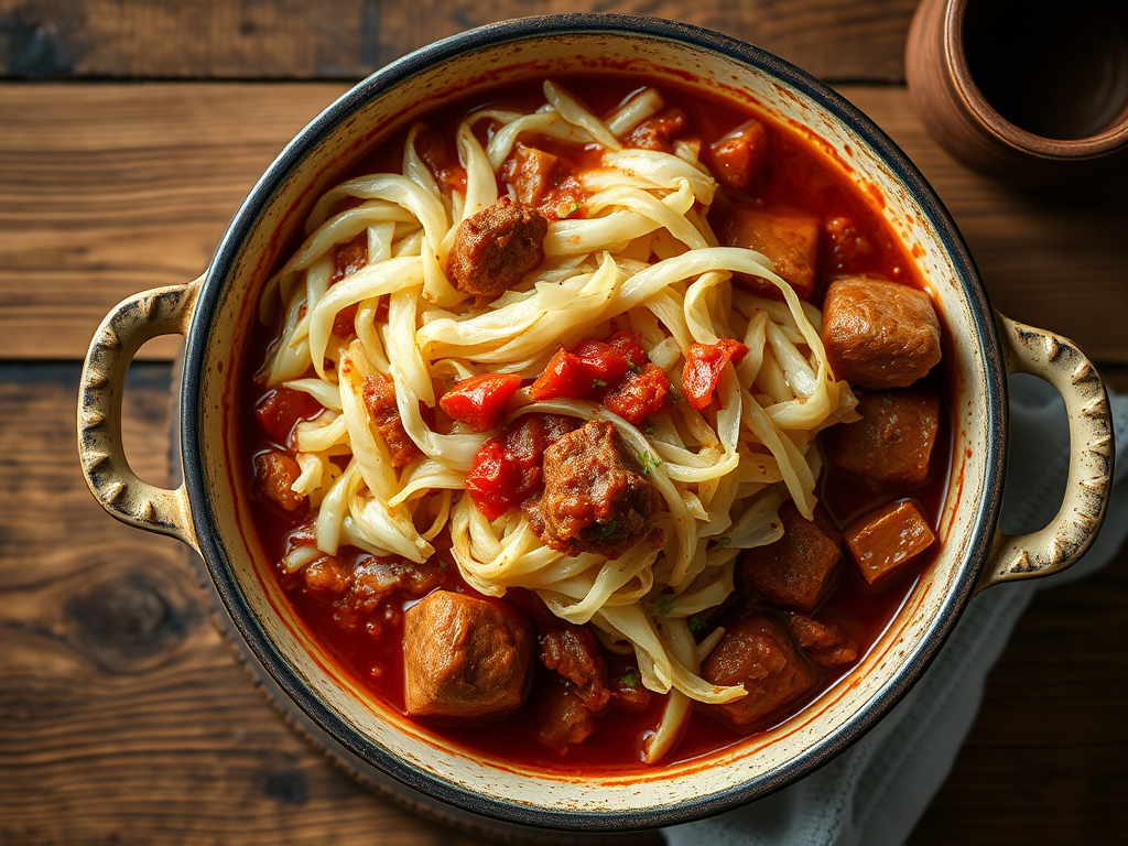 Капуста с мясом с консервированными томатами