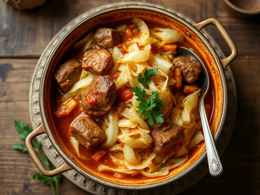 Капуста с мясом с чесноком