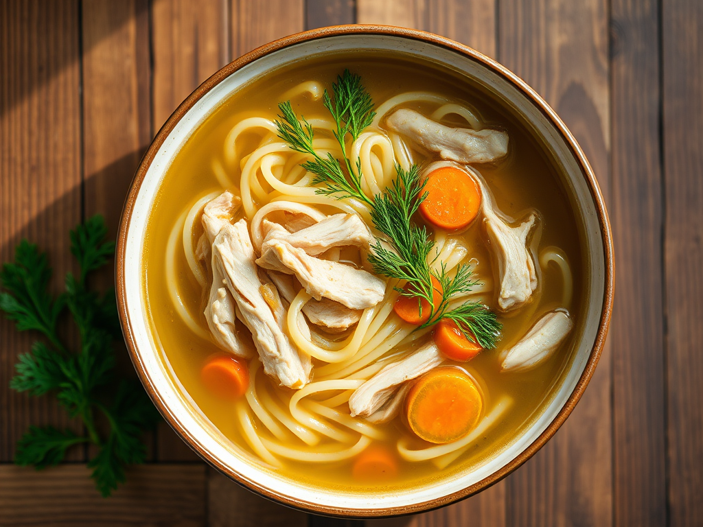 Куриный суп с лапшой с укропом и сметаной