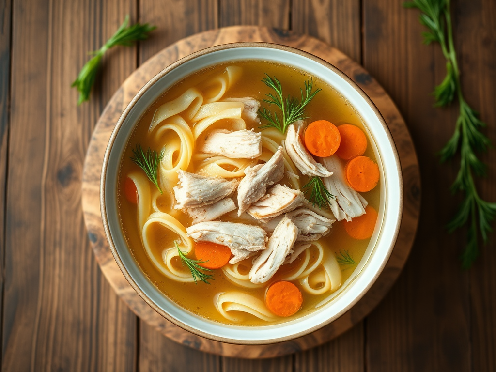 Куриный суп с лапшой с чесноком и укропом