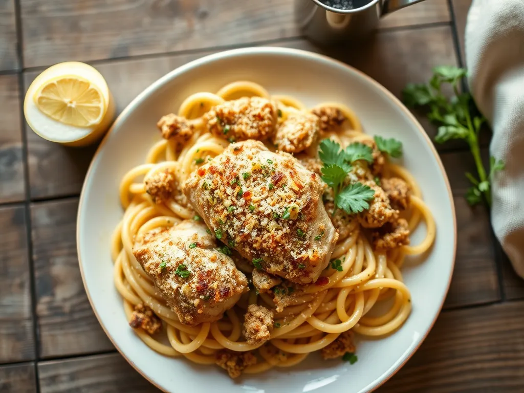 Паста с курицей с хрустящей крошкой