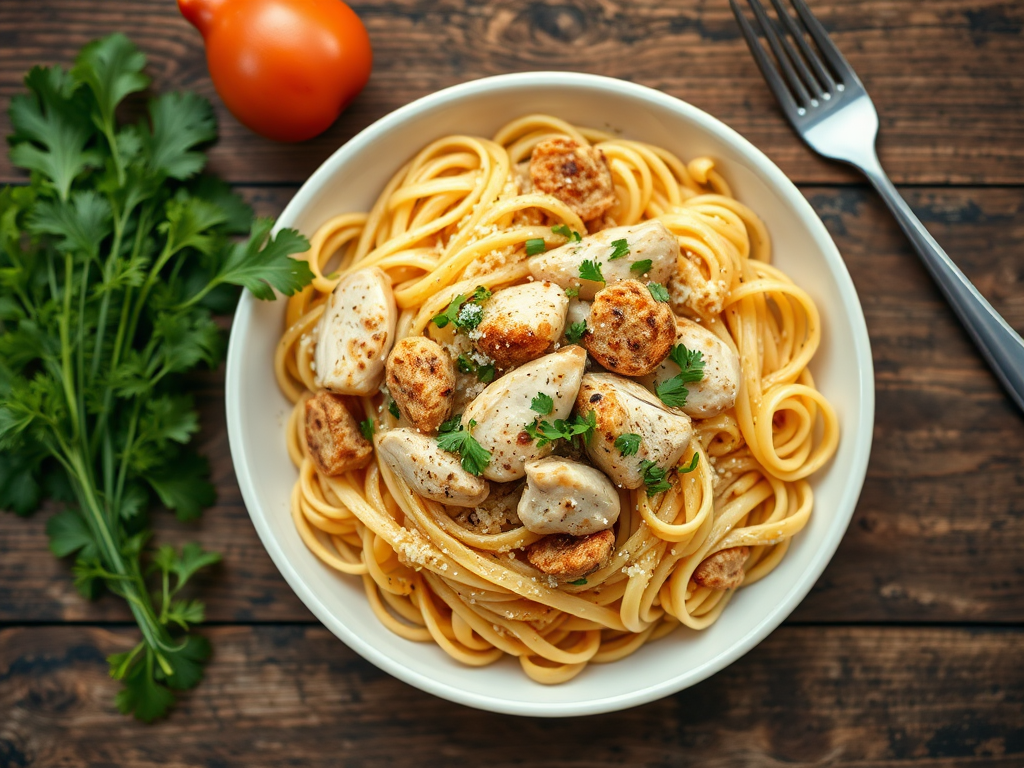 Паста с курицей с капустой