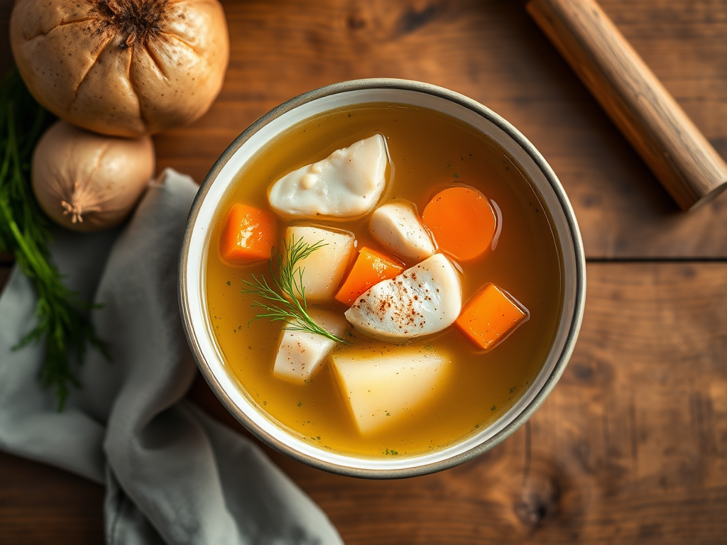 Рыбный суп с укропом и сметаной