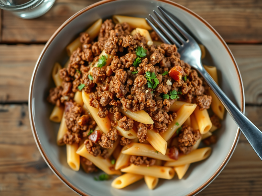 Паста по-флотски с хрустящей крошкой