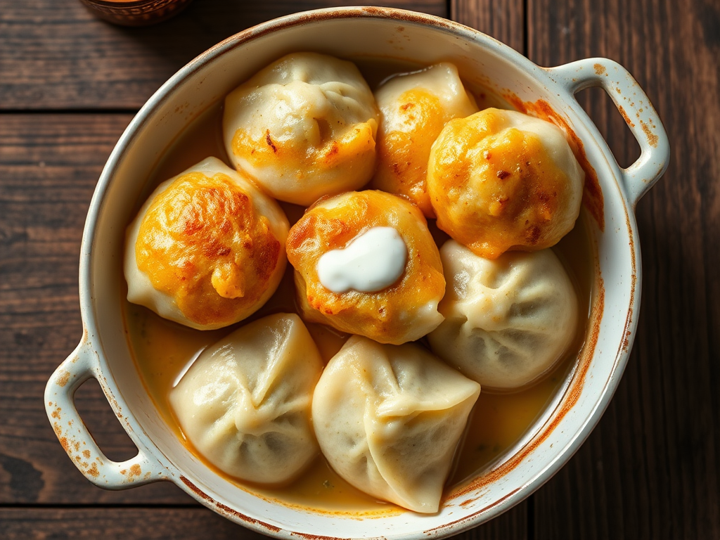 Запечённые пельмени с укропом