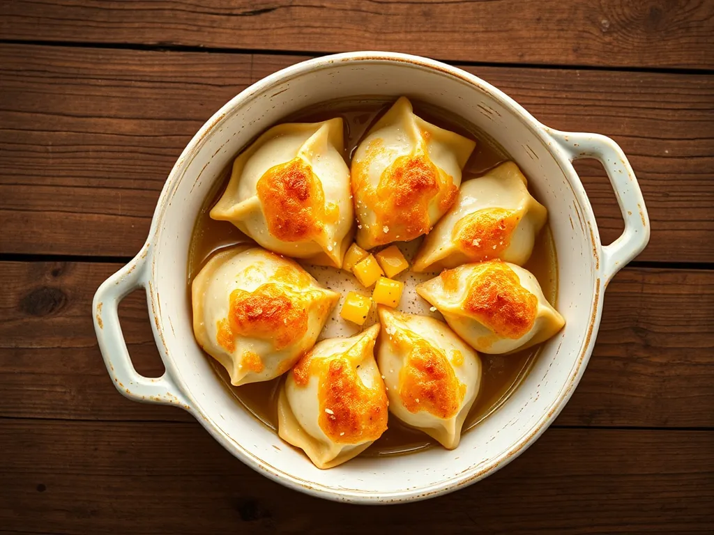 Запечённые пельмени с яйцом