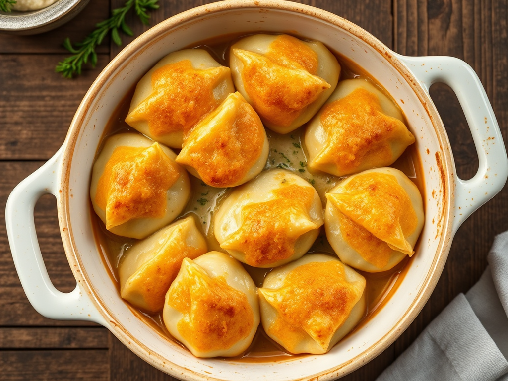 Запечённые пельмени с луком