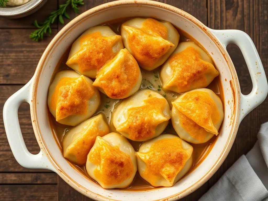 Запечённые пельмени с луком