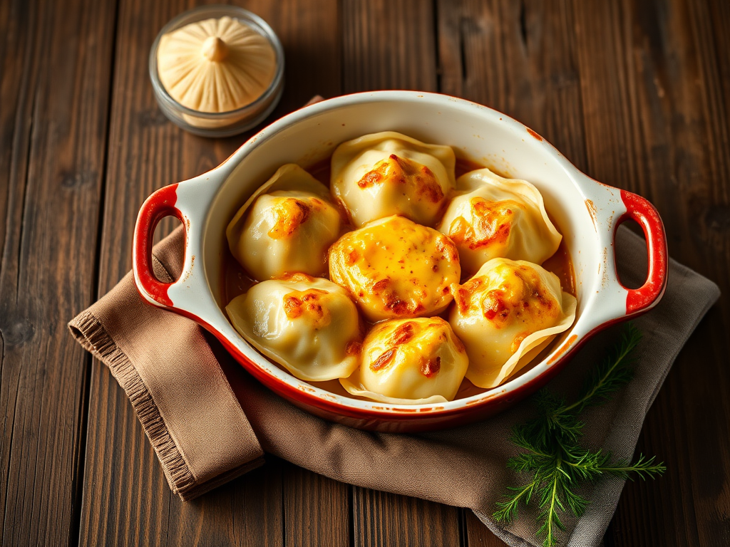 Запечённые пельмени с пармезаном