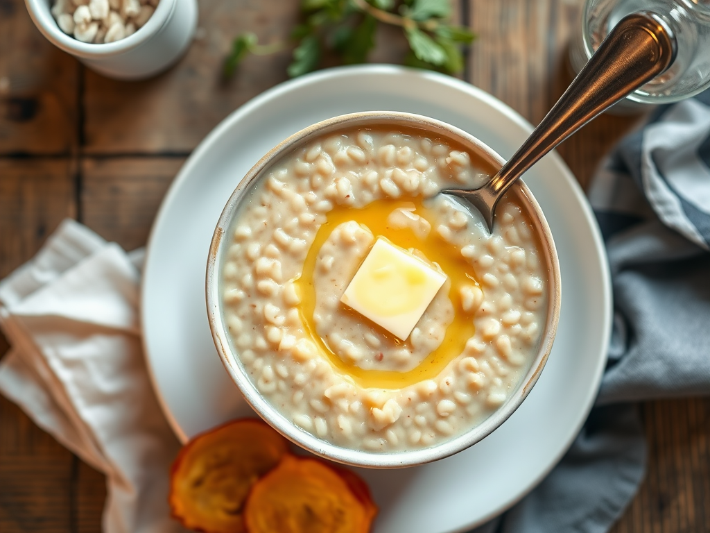 Рисовая молочная каша с яблоком и сливочным маслом