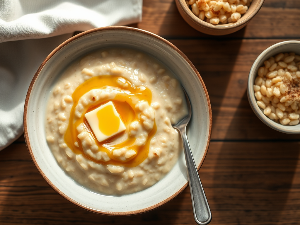 Рисовая молочная каша с бананом и творогом