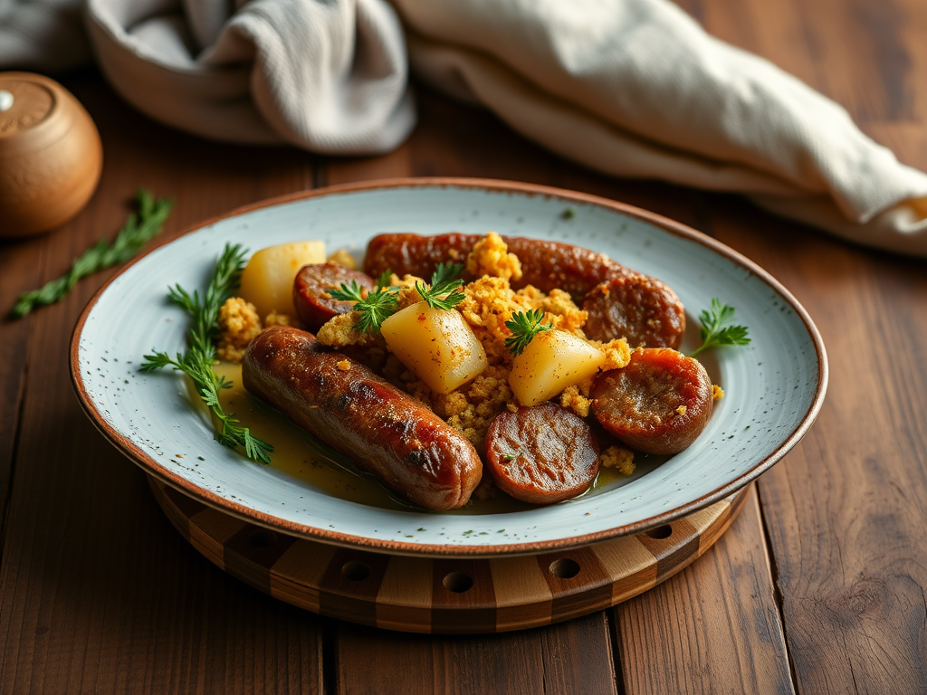 Картофель с сосисками с хрустящей крошкой