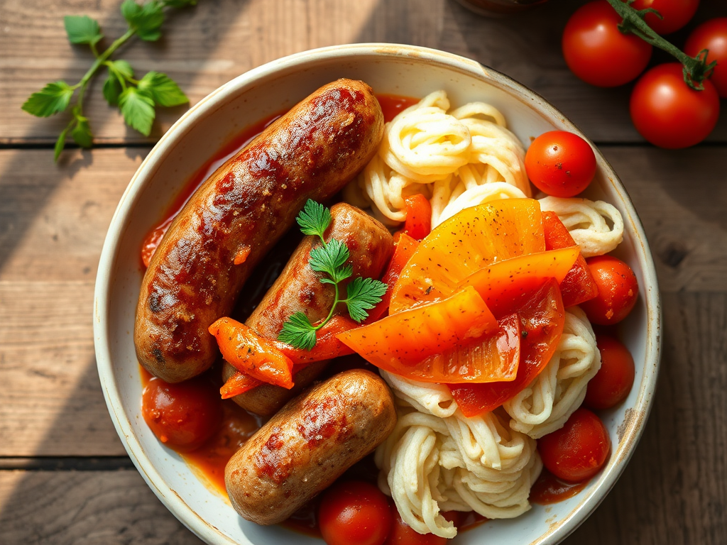 Картофель с сосисками с консервированными томатами
