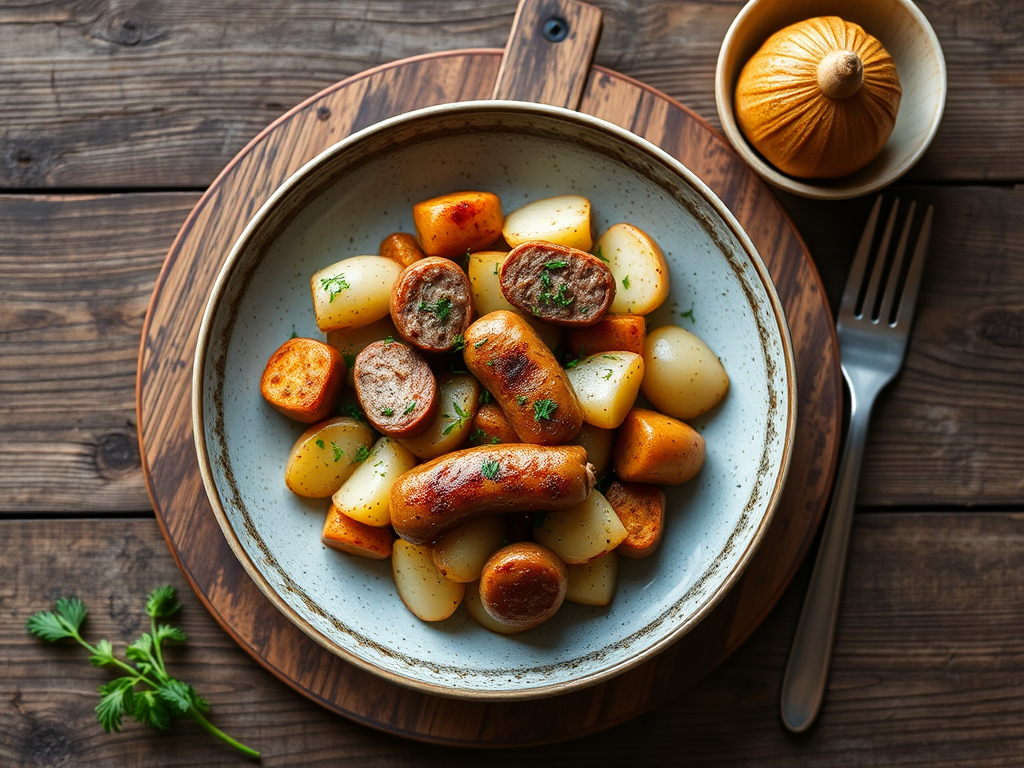 Картофель с сосисками с чесноком