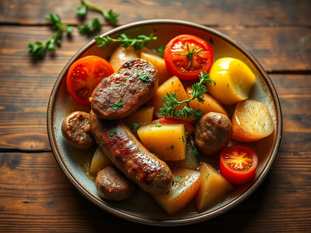 Картофель с сосисками с томатами
