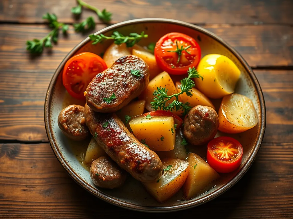 Картофель с сосисками с томатами