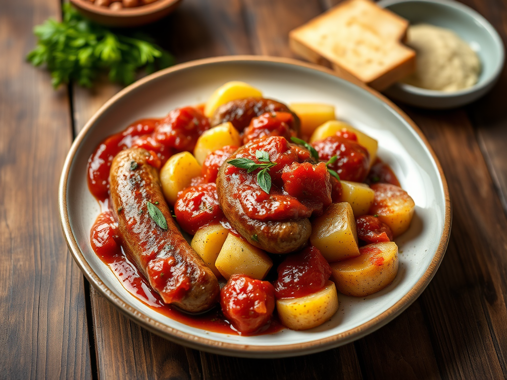 Картофель с сосисками с томатной пастой