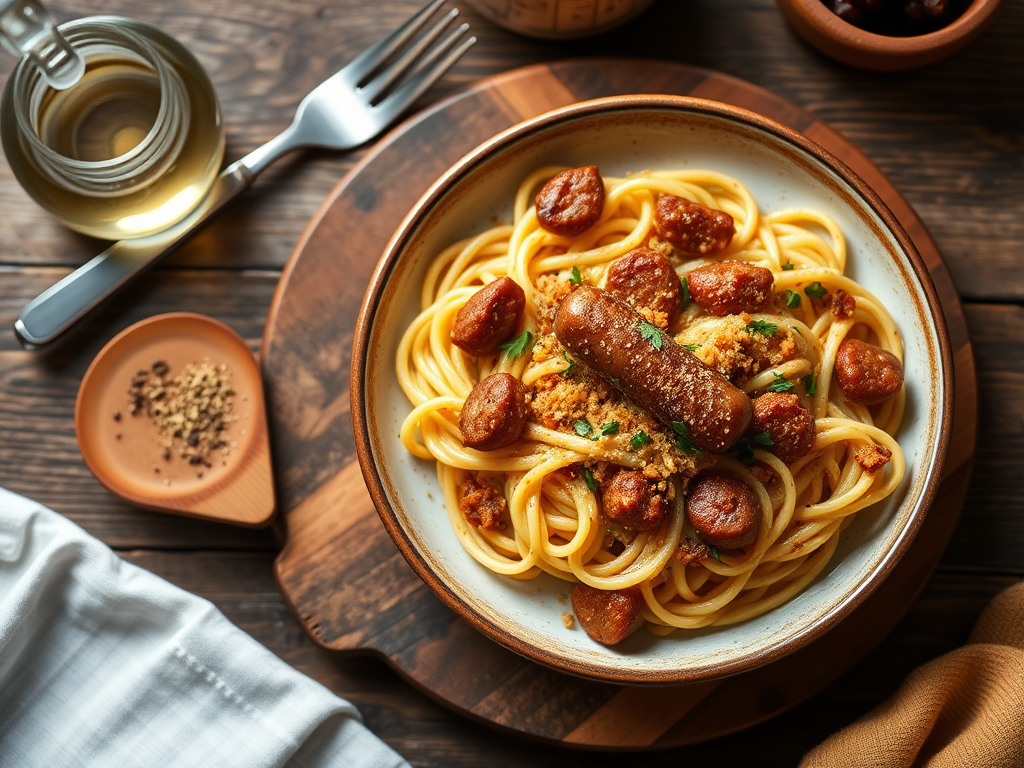 Макароны с сосисками с хрустящей крошкой