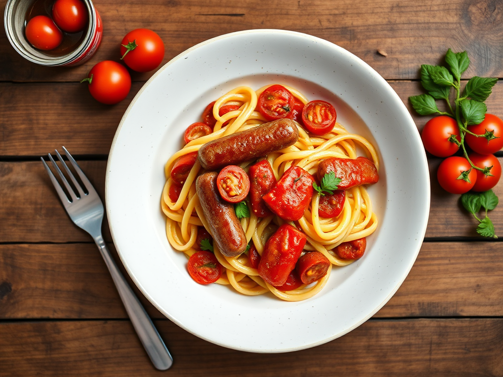 Макароны с сосисками с консервированными томатами