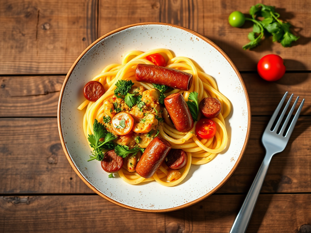Макароны с сосисками с овощной смесью