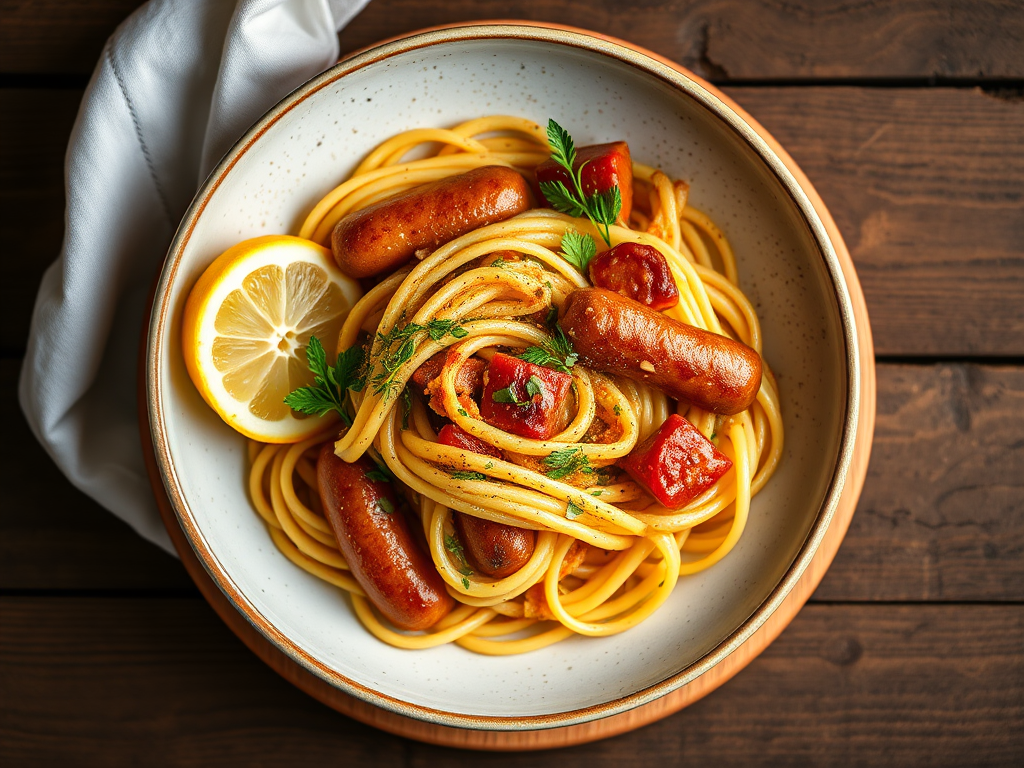 Макароны с сосисками с лимоном