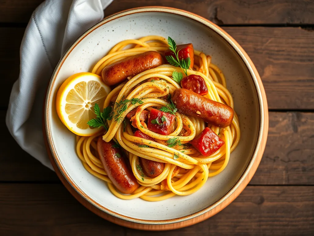 Макароны с сосисками с лимоном