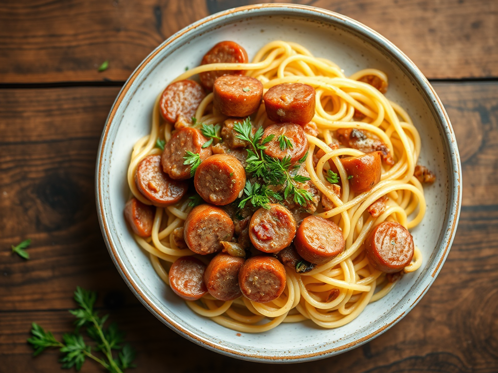 Макароны с сосисками с луком