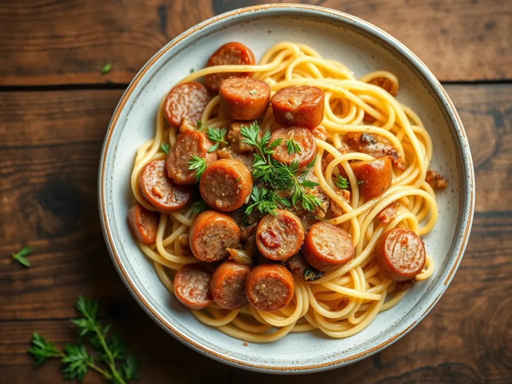Макароны с сосисками с луком