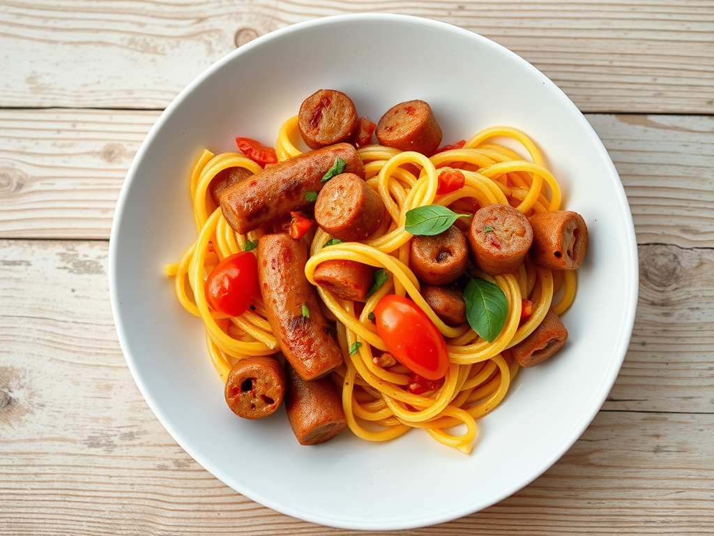 Макароны с сосисками с томатами
