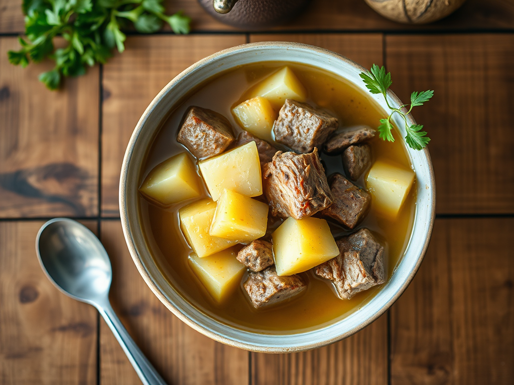 Тушёная картошка с зеленью с тушёной говядиной